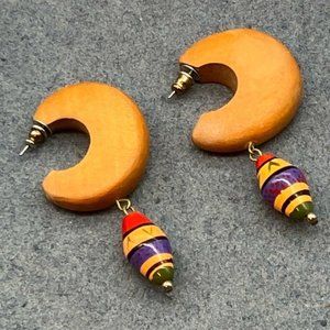 Hoop Dangle Pierced Earrings Exotic Wood Painted Brown Red Black Yellow Purple